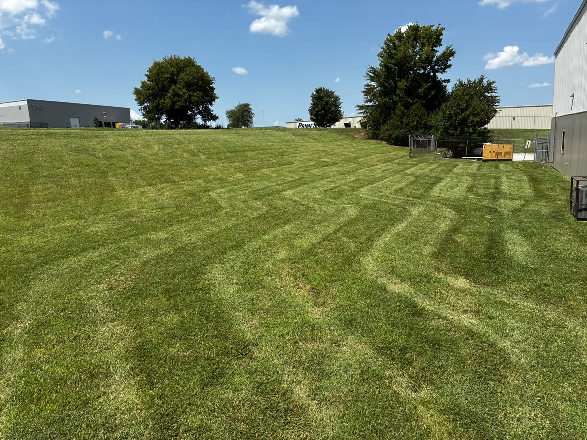 Commercial industrial-park lawn with warehouses and Prime Storage in the background.